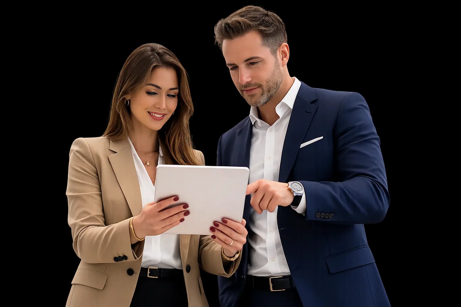 Two importers reviewing a shipment together on a tablet